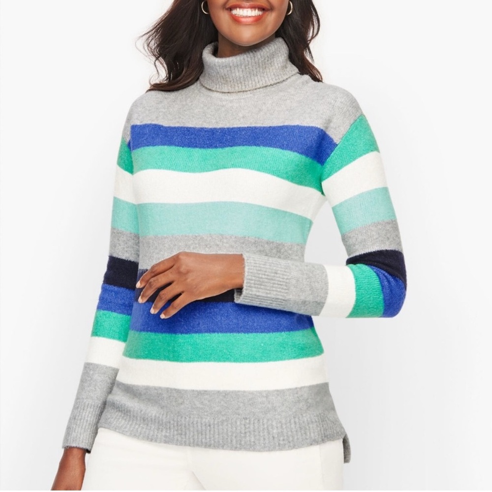 Talbots Women’s Striped Turtleneck Sweater in blue, green, white; petite XL